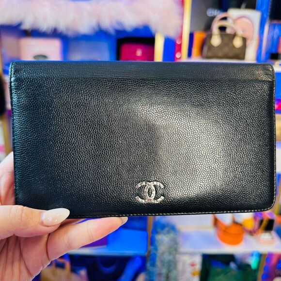 Chanel Bi-fold Long Black Silver Coco Caviar Leather 15 series Wallet Large Size - Picture 1 of 15